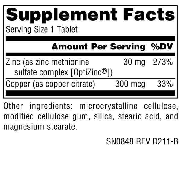 OptiZinc Zinc Methionine Sulfate Complex Supplement Facts Label