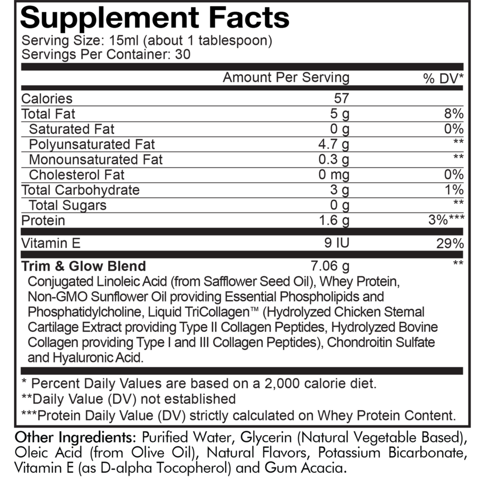 Nanofood Liquid Collagen Trim & Glow Vanilla Supplement Facts Label