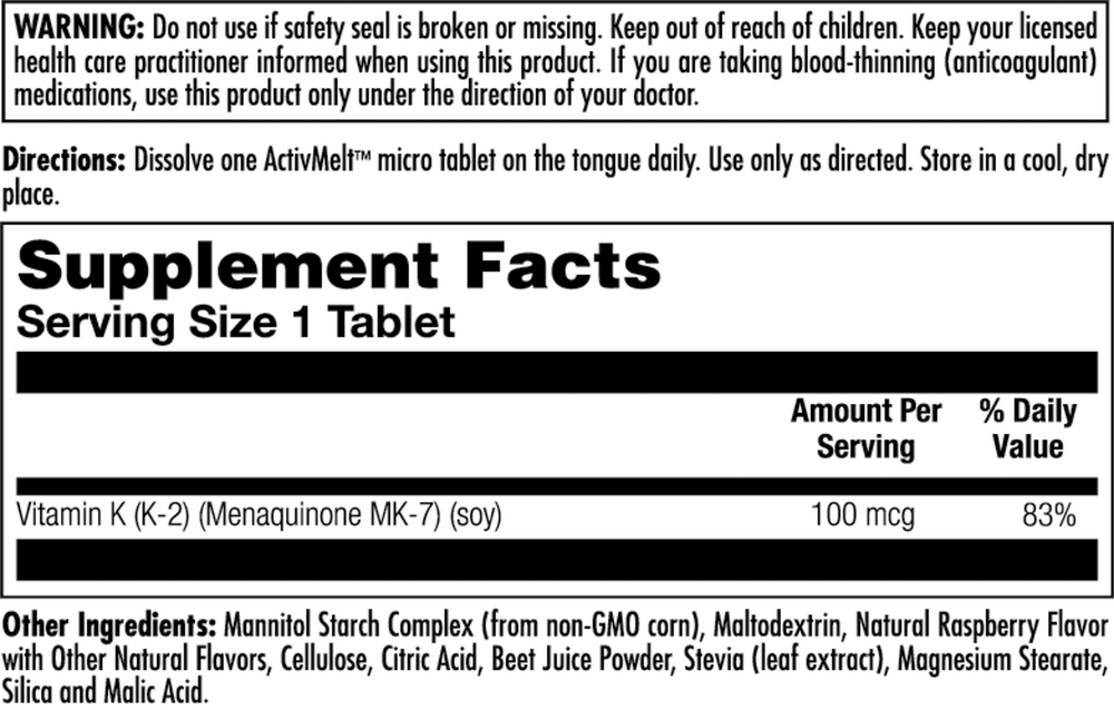 K-2 MK-7 ActivMelt GF Raspberry Supplement Facts Label