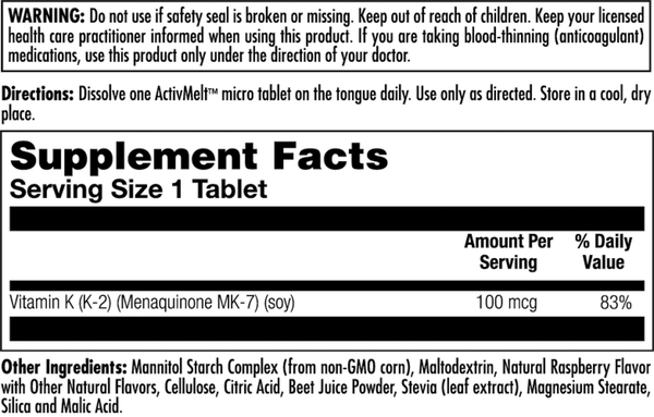 K-2 MK-7 ActivMelt GF Raspberry Supplement Facts Label
