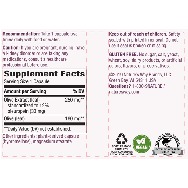 Olive Leaf 12% (Std) 60 veg capsules Supplement Facts Label