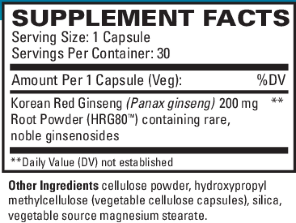 Red Ginseng Energy Supplement Facts Label