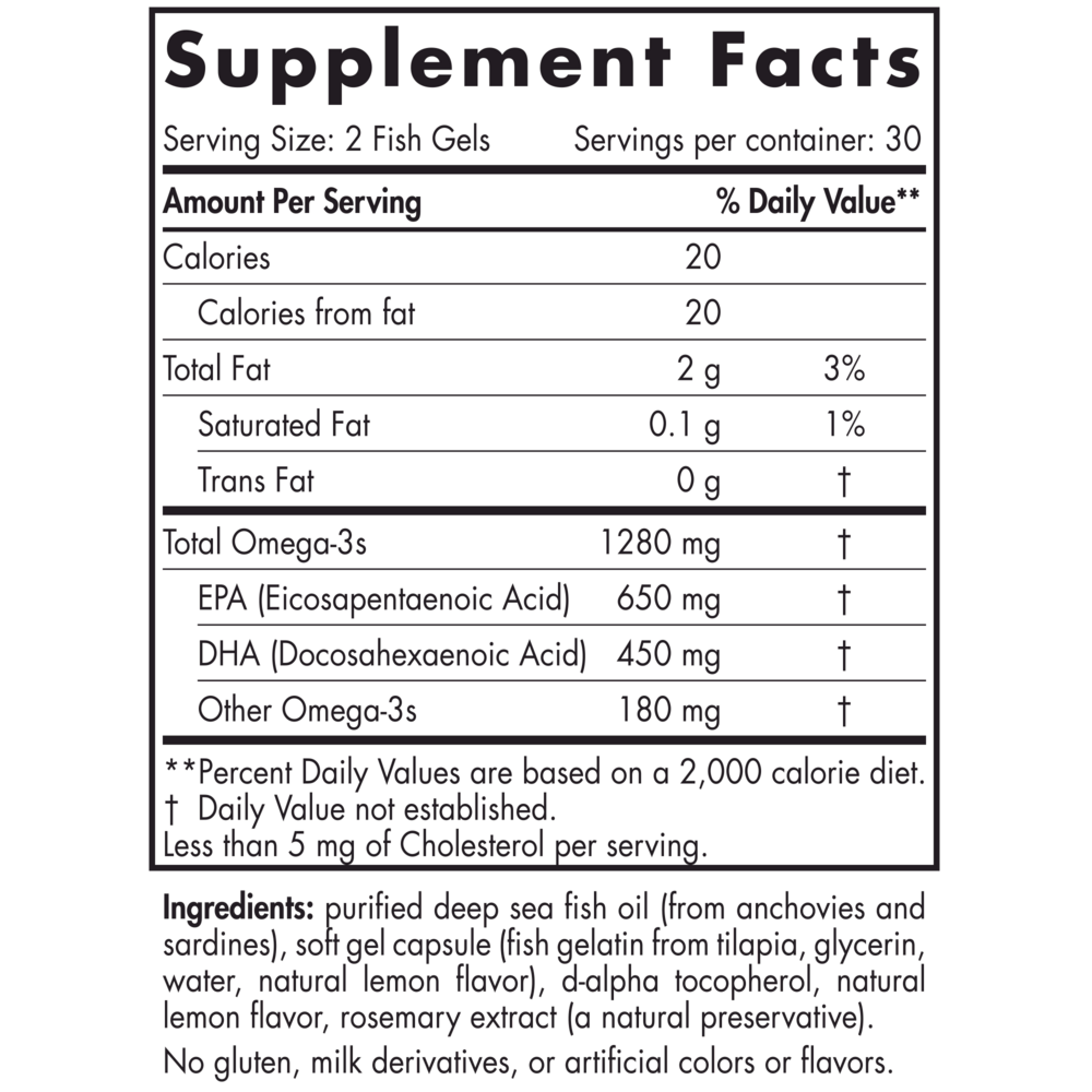 ProOmega in Fish Gelatin 60 Soft Gels Lemon Supplement Facts Label