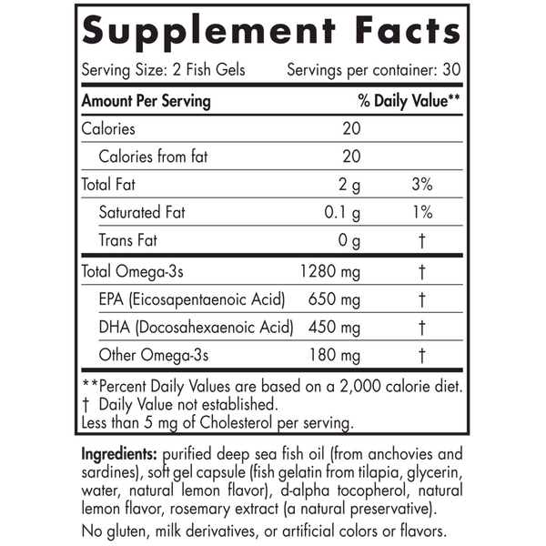 ProOmega in Fish Gelatin 60 Soft Gels Lemon Supplement Facts Label