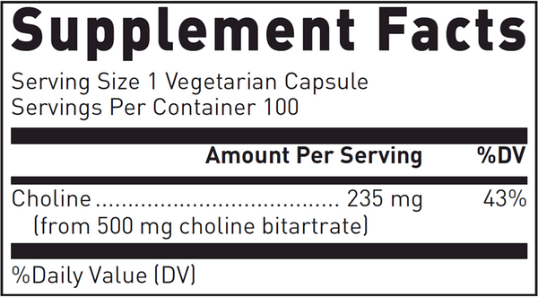 Choline Bitartrate (500 Mg) Supplement Facts Label