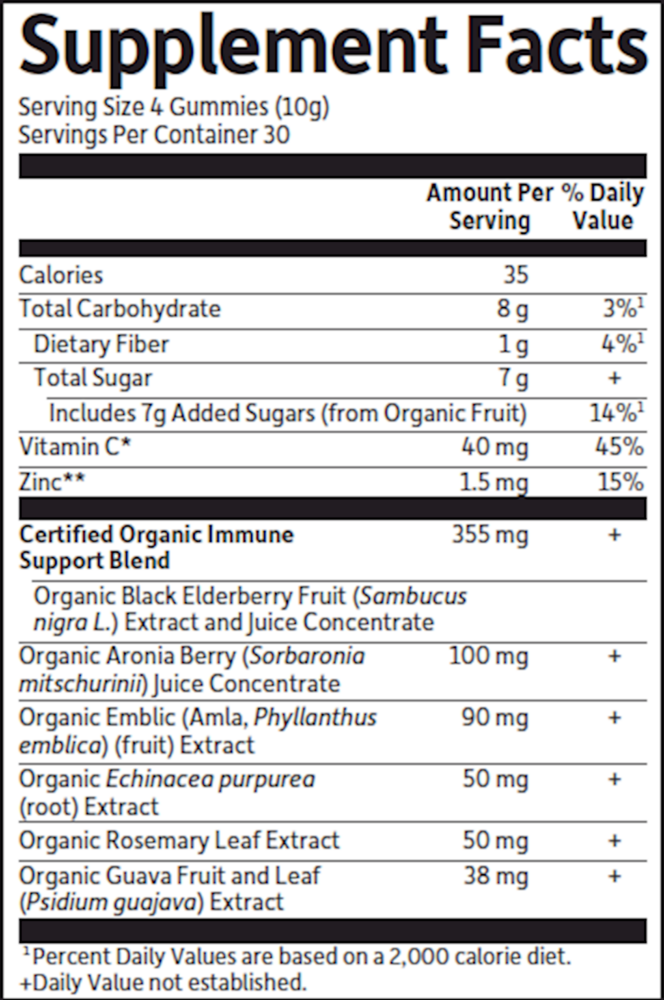 Organics Elderberry Gummies Supplement Facts Label