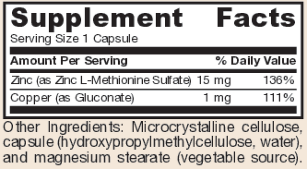 Zinc Balance 15 mg Supplement Facts Label