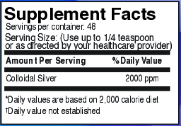 Liquid Colloidal Silver 2000 ppm Supplement Facts Label