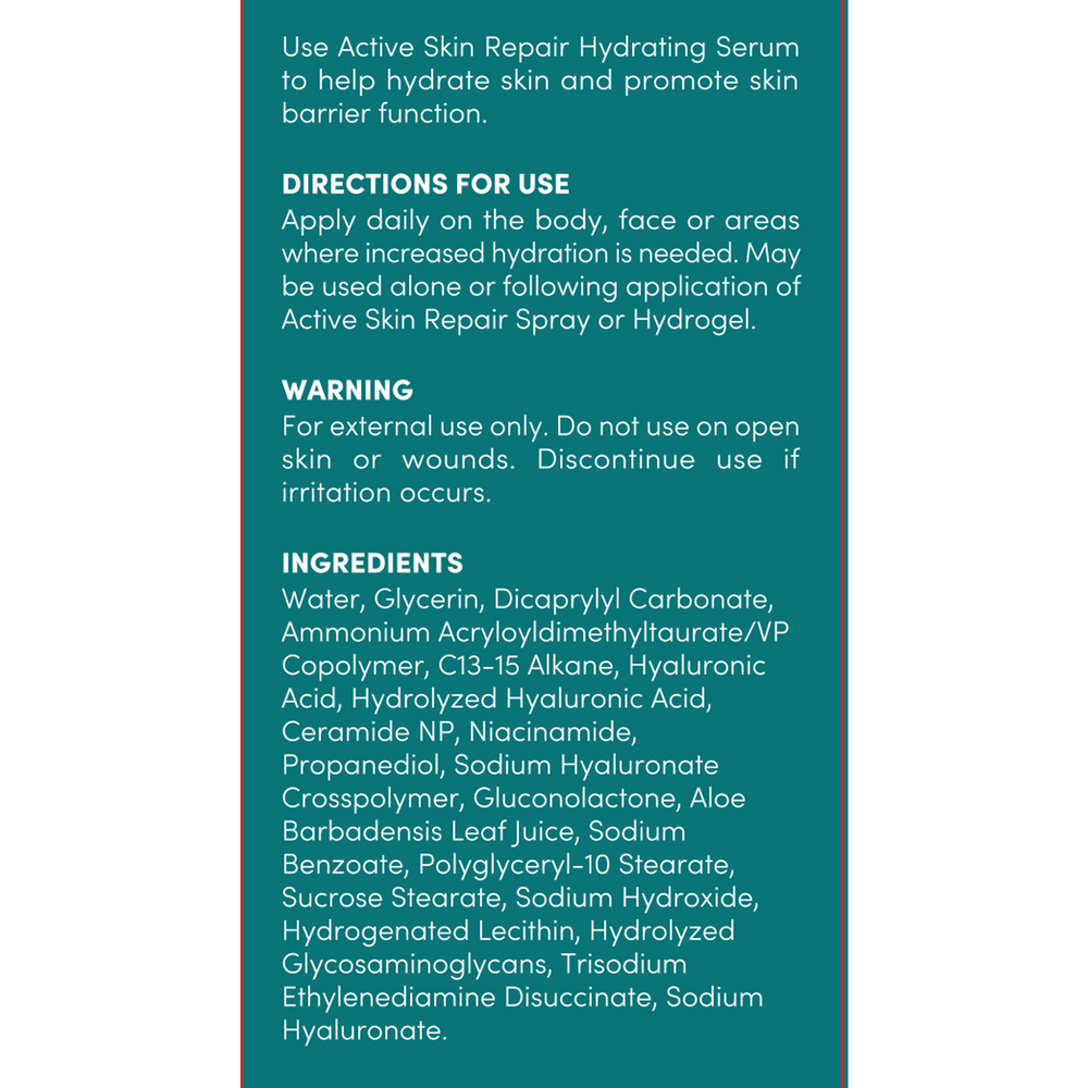 Active Skin Repair Hydrating Serum Supplement Facts Label