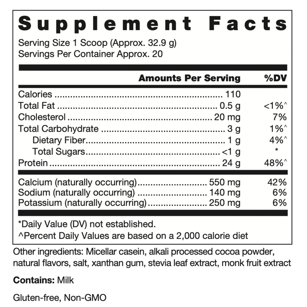 Klean Casein Protein Natural Chocolate Flavor Supplement Facts Label
