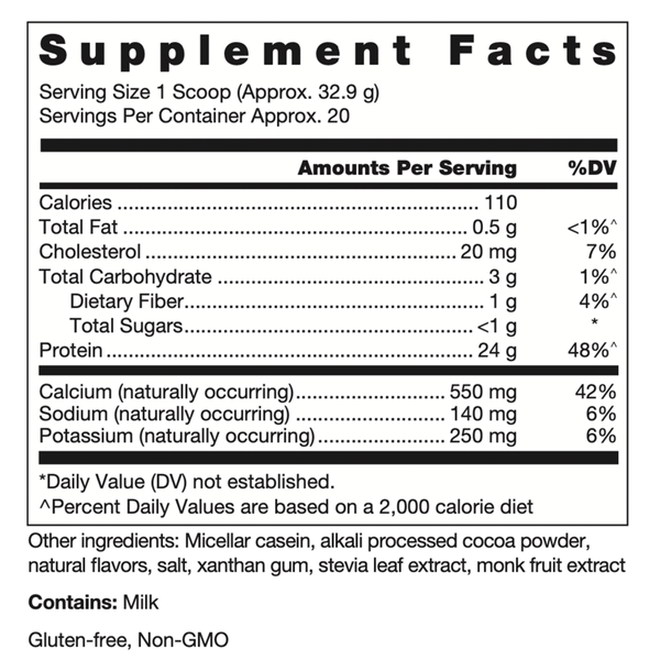 Klean Casein Protein Natural Chocolate Flavor Supplement Facts Label