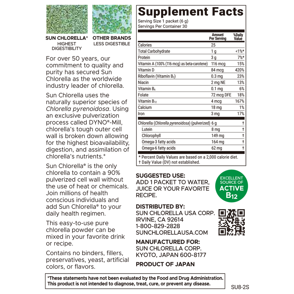 Sun Chlorella Powder Supplement Facts Label