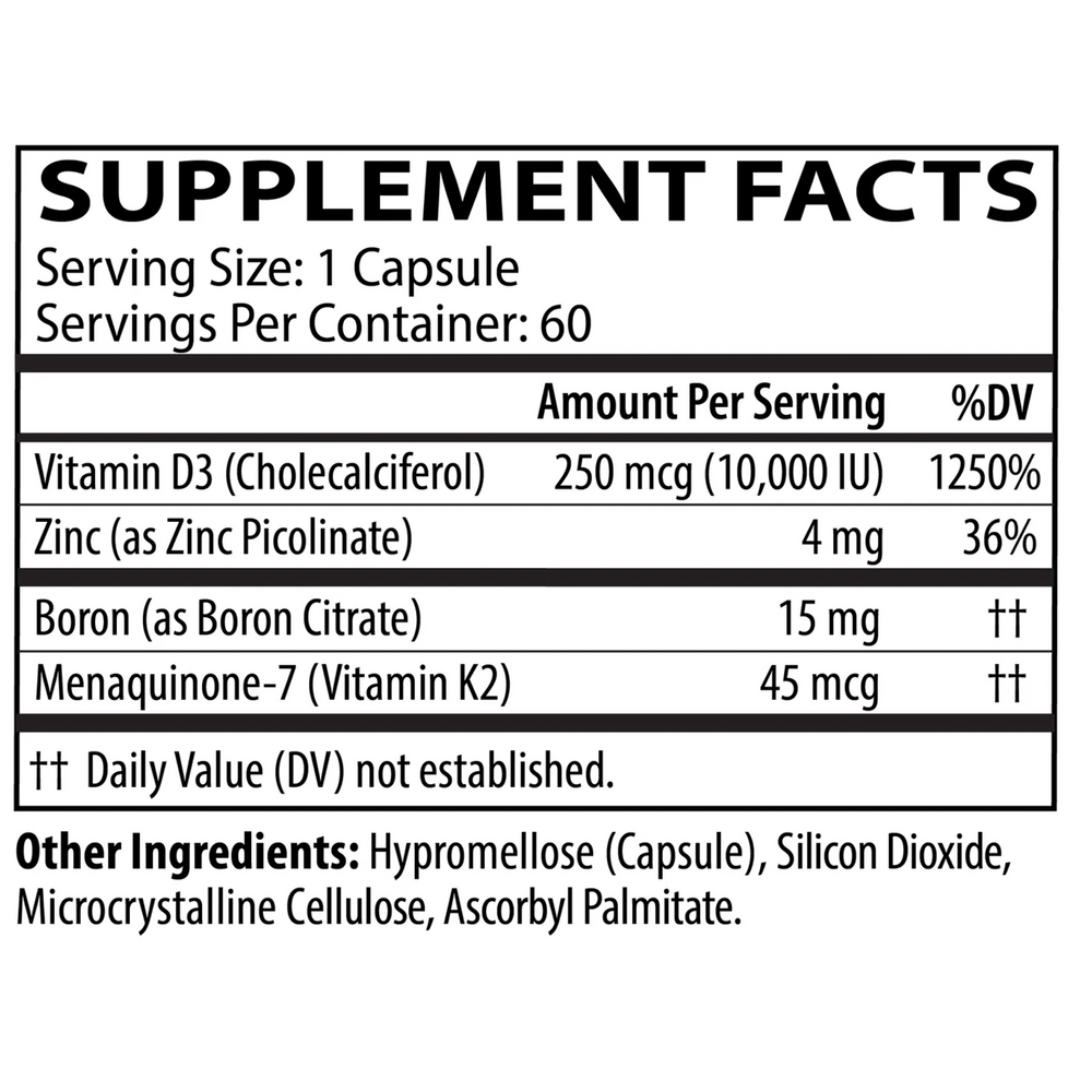 Vitamin D3+K2 Cofactor Complex Supplement Facts Label