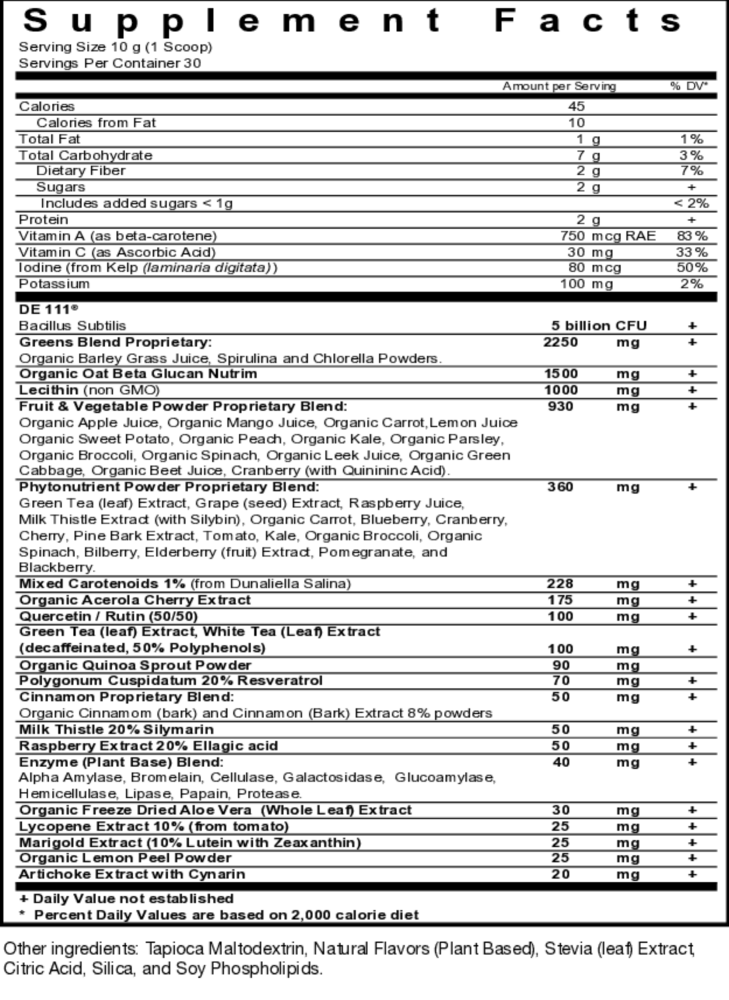 Nanogreens10 + Probiotic Strawberry Supplement Facts Label