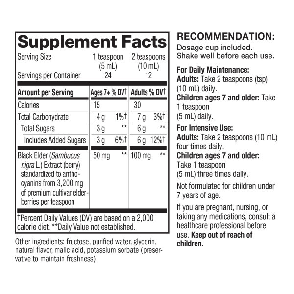 Sambucus Syrup Supplement Facts Label