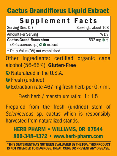 Cactus/Selenicereus Grandiflorus Supplement Facts Label