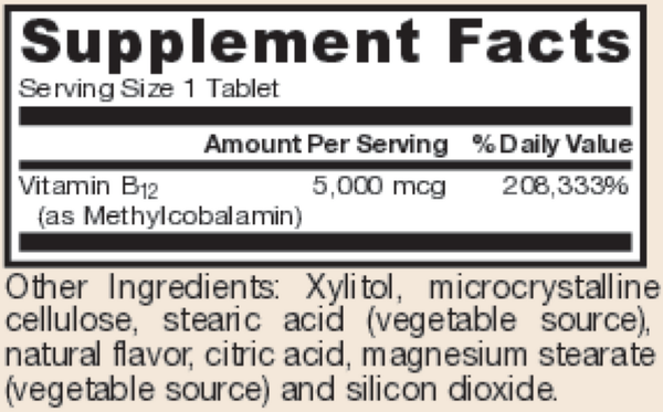 Methyl B-12 Cherry Supplement Facts Label