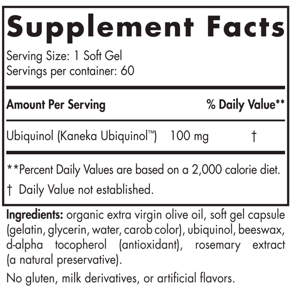 Nordic CoQ10 Ubiquinol 60 Soft Gels Supplement Facts Label
