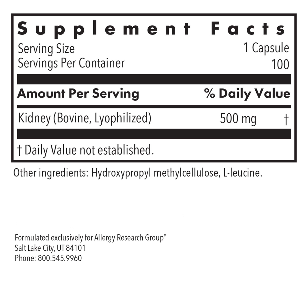 Kidney Beef Supplement Facts Label