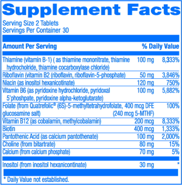 T.R.I.- B-PLEX 120ct Supplement Facts Label