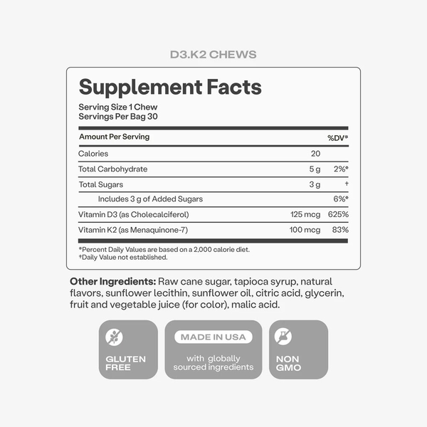 D3 + K2 Vitamin Chews Supplement Facts Label