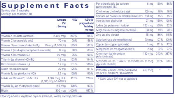 PreNatal Nutrients 120 Count Supplement Facts Label