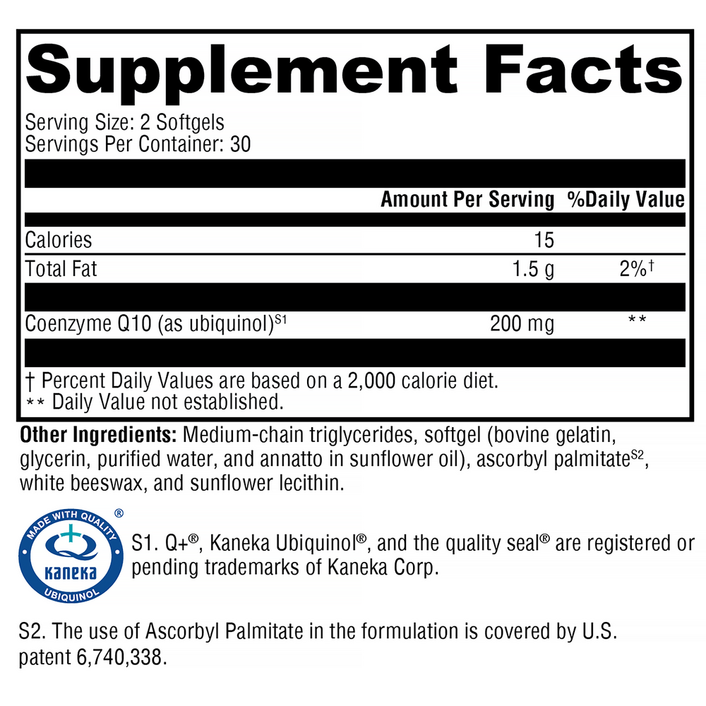 CoQmax™ Ubiquinol Supplement Facts Label