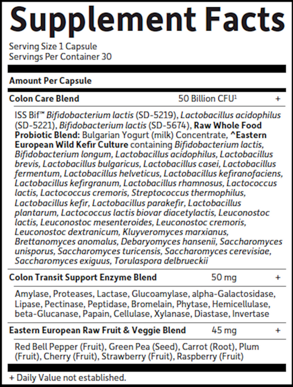 RAW Probiotics Colon Care Supplement Facts Label