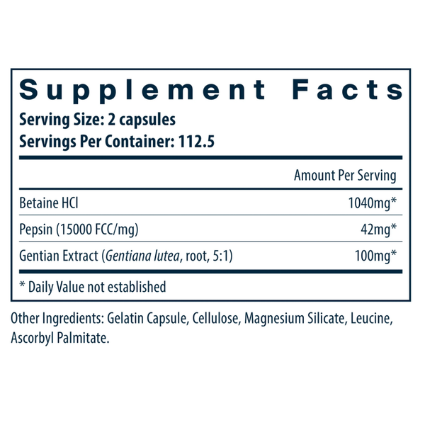 Betaine HCL Pepsin & Gentian Supplement Facts Label