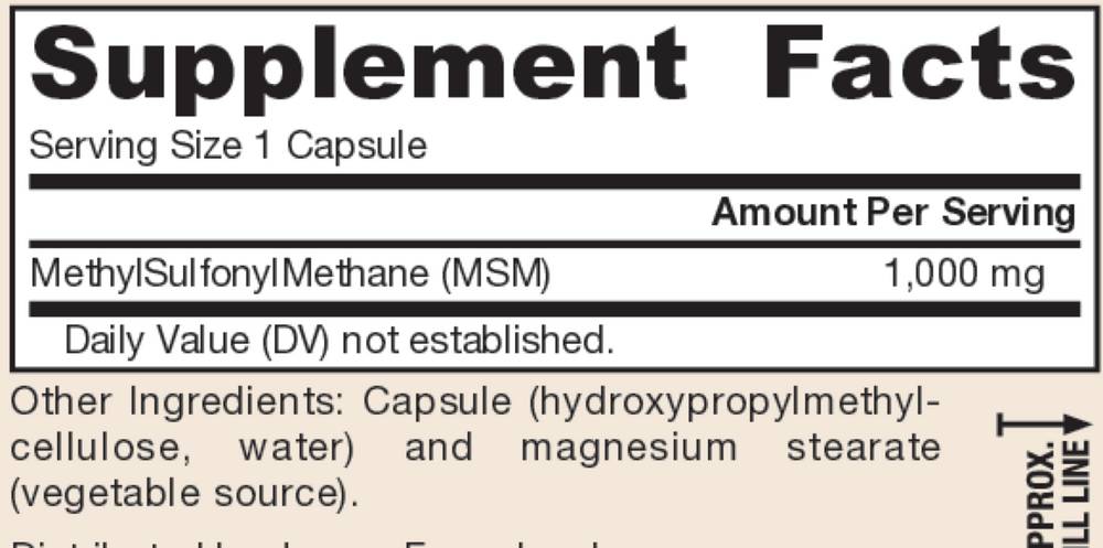MSM Sulfur 1000 mg Supplement Facts Label