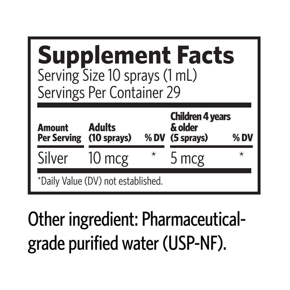 Bio-Active Silver Hydrosol Nasal Spray Supplement Facts Label