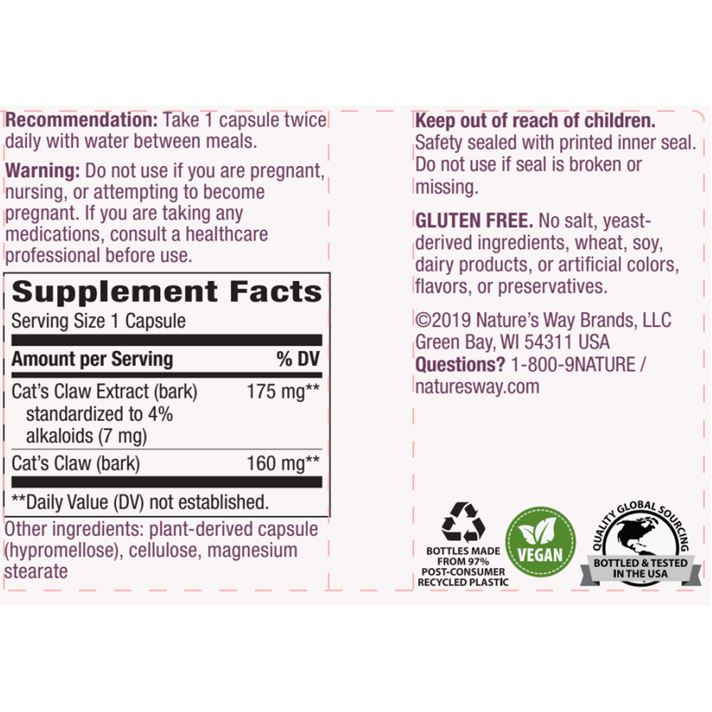 Cat's Claw Supplement Facts Label