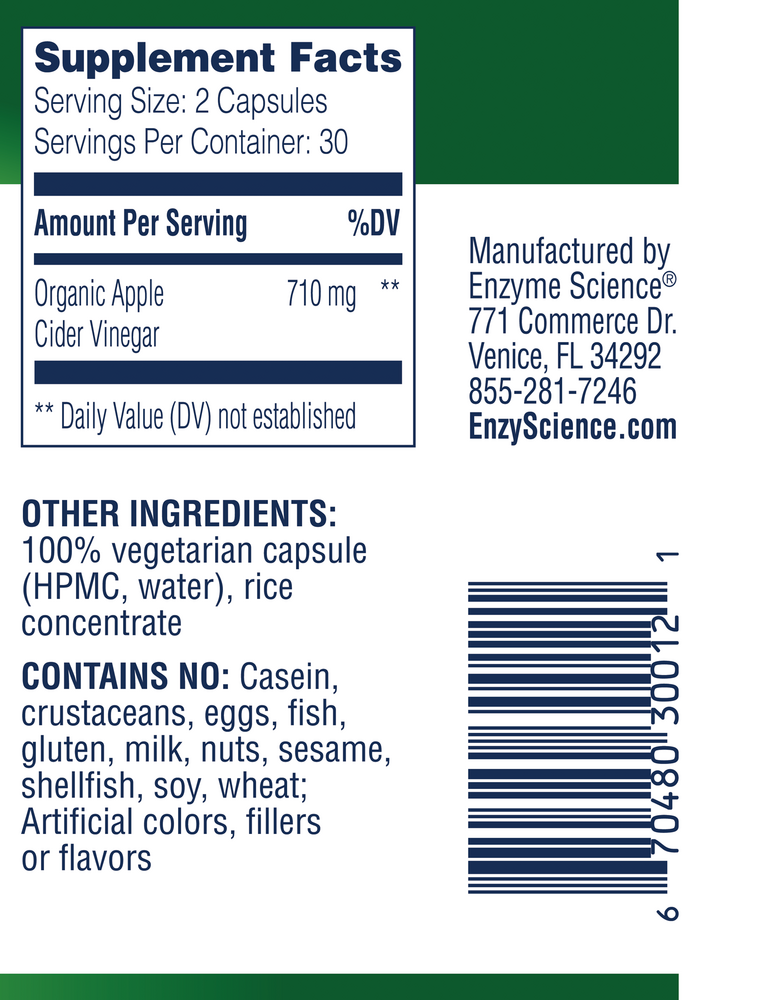 Apple Cider Vinegar Capsules Supplement Facts Label