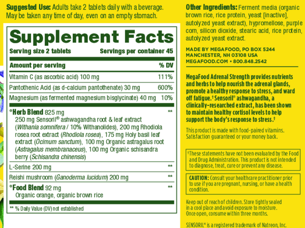 Adrenal Strength Supplement Facts Label