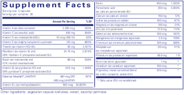 Nutrient 950 W/O Cu & Fe 180's Supplement Facts Label