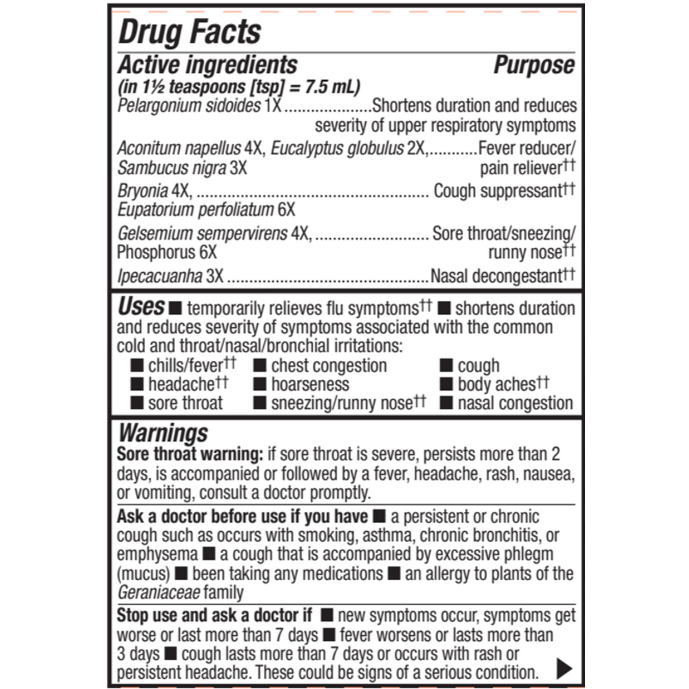 Umcka® Cold+Flu Elderberry Syrup 4 oz Supplement Facts Label