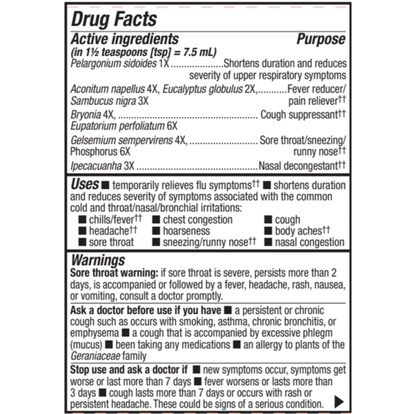 Umcka® Cold+Flu Elderberry Syrup 4 oz Supplement Facts Label
