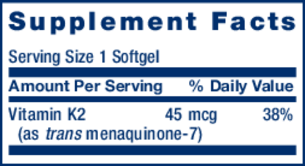 Low Dose Vitamin K2 Supplement Facts Label
