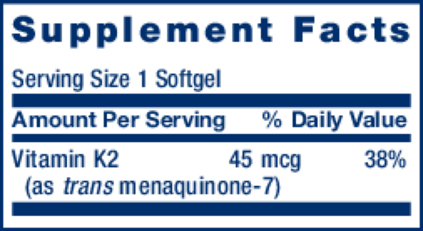 Low Dose Vitamin K2 Supplement Facts Label