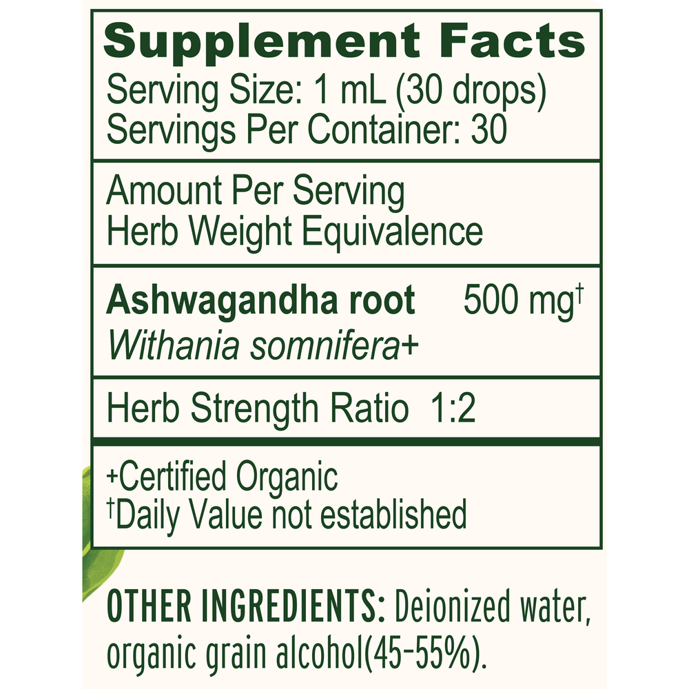 Ashwagandha Liquid Extract Organic Supplement Facts Label