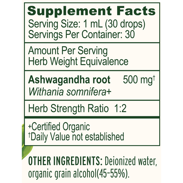 Ashwagandha Liquid Extract Organic Supplement Facts Label