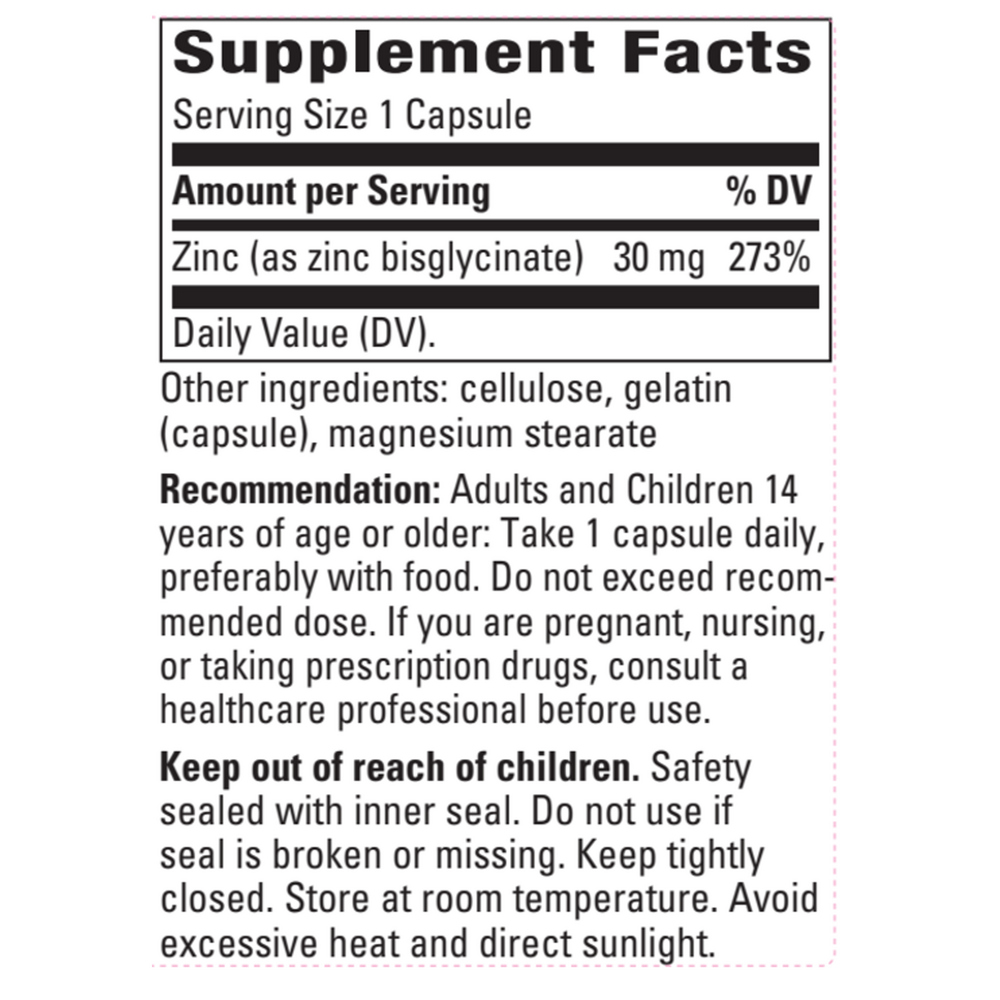 Zinc Chelate Supplement Facts Label