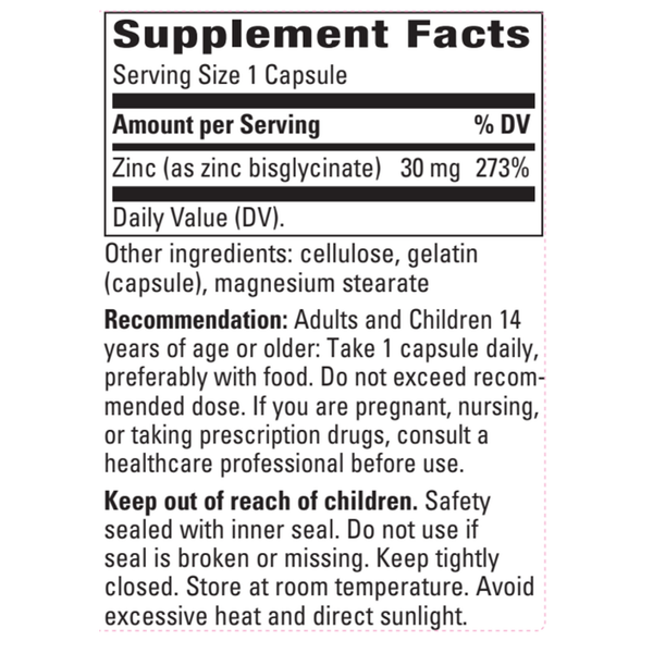 Zinc Chelate Supplement Facts Label