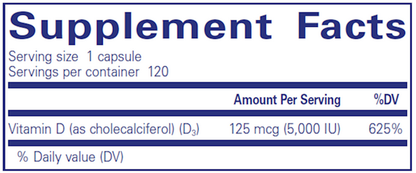 Vitamin D3 5,000 IU - CAPSULES Supplement Facts Label