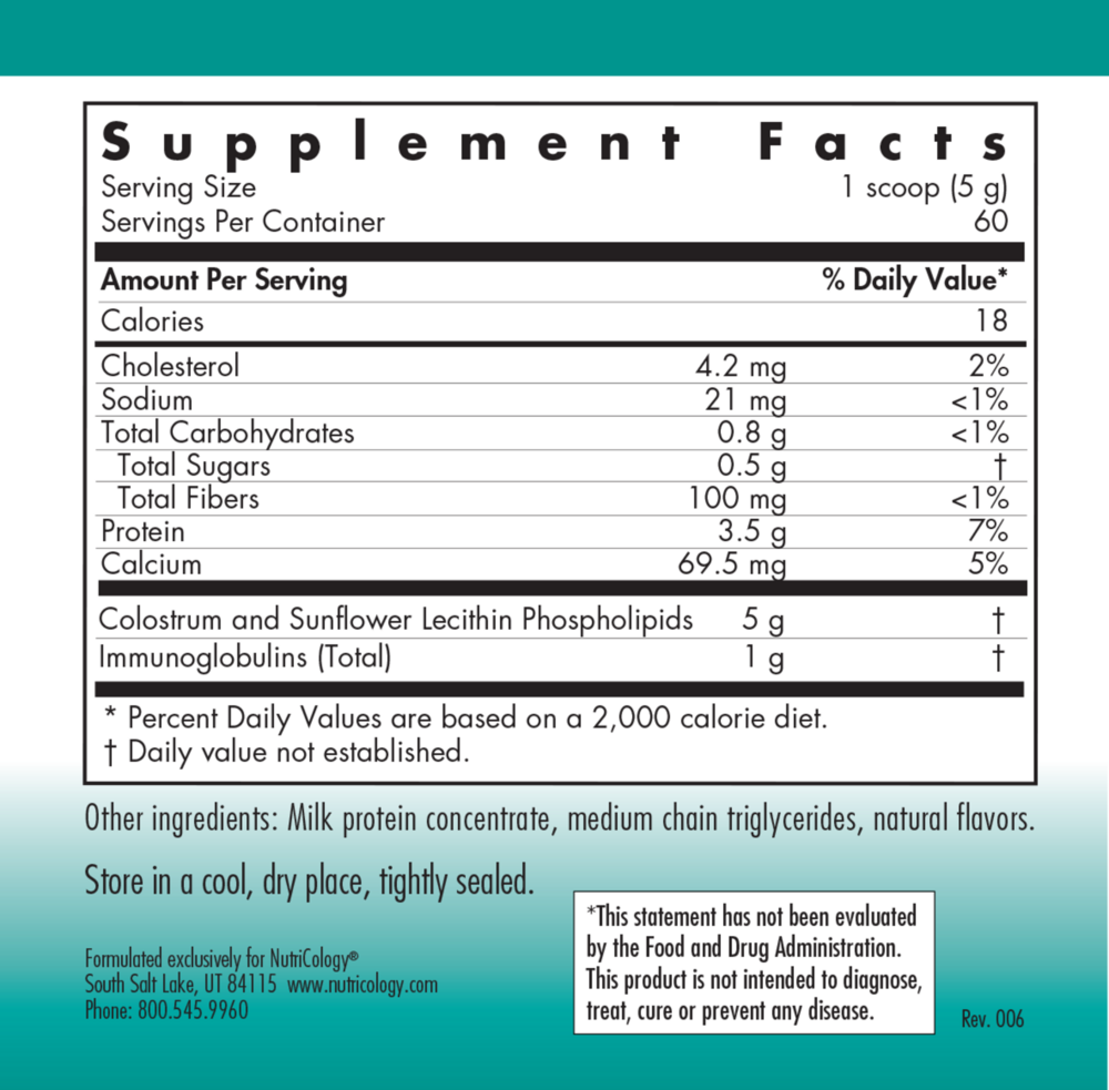 Phospholipid Colostrum Supplement Facts Label