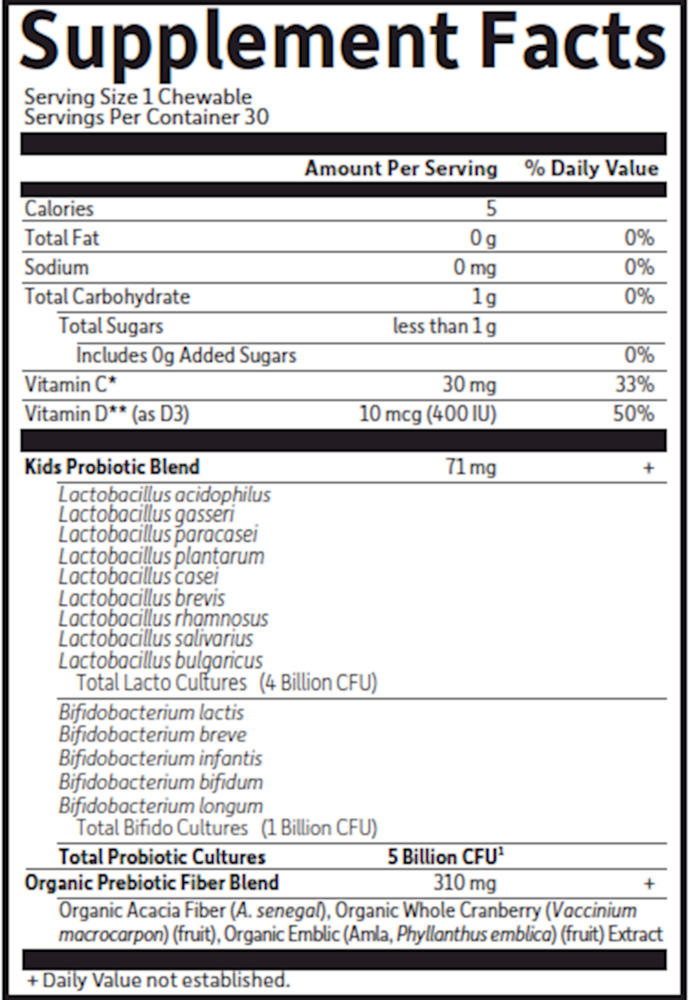 Organic Kids Probiotics Strawberry Banana Supplement Facts Label