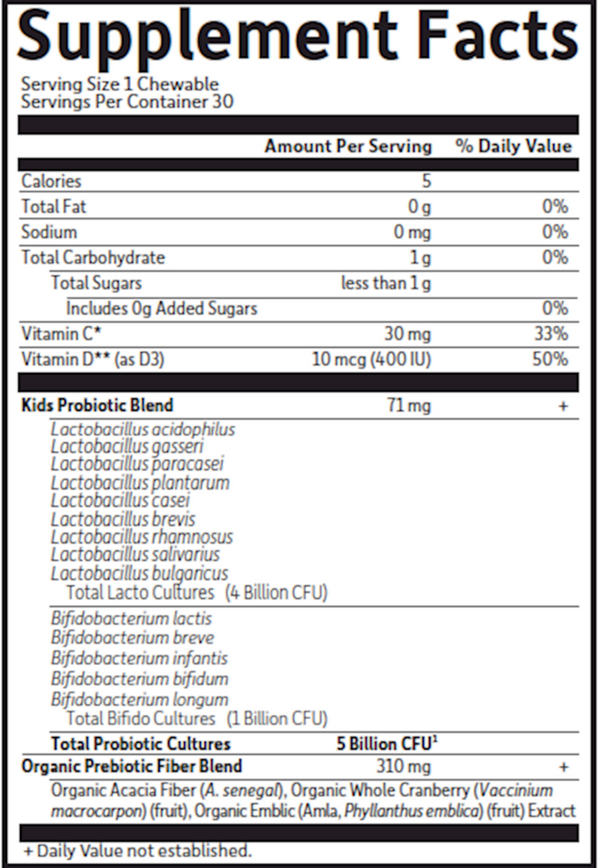 Organic Kids Probiotics Strawberry Banana Supplement Facts Label