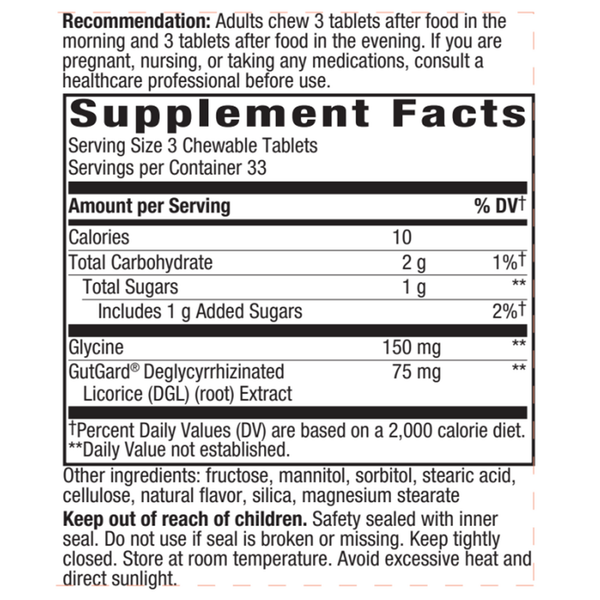 DGL 100 chew tabs Supplement Facts Label