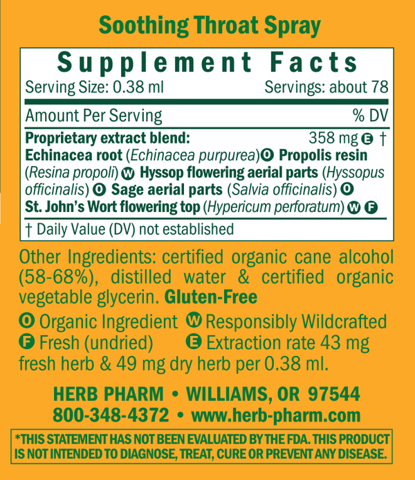 Soothing Throat Spray Supplement Facts Label
