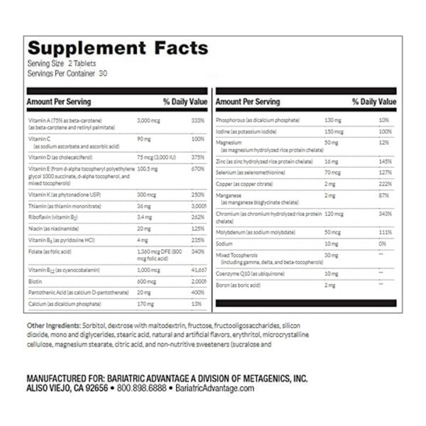 Chewable Advanced Multi EA without Iron Mixed Fruit Supplement Facts Label